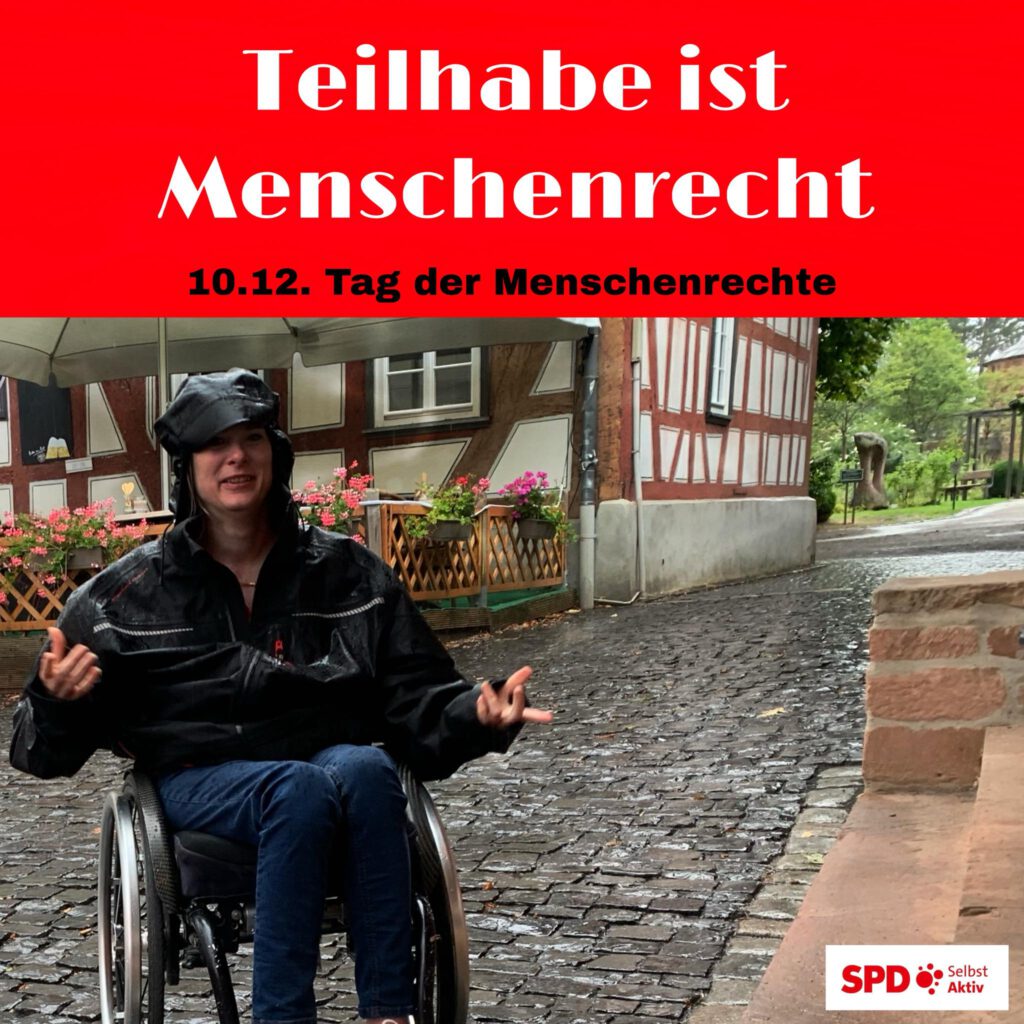 Roter Hintergrund darauf steht in weiß Teilhabe ist Menschenrecht und in schwarz 10.12. Tag der Menschenrechte. Darunter Ich weiblich im Rollstuhl vor Stufen sitzend. Es regnet und ich trage eine Regenjacke mit Mütze. Das Gesicht und Haltung der Arme zeigen ein Warum. Der Untergrund ist Kopfsteinpflaster im Hintergrund ein Fachwerkhaus.