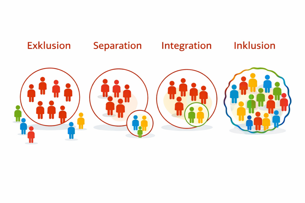 Bildliche Erklärung zu Exlusion großer Kreis viele kleine roten Männchen drin anders farbige Männchen außerhalb, Seperation ein großer Kreis rote Männchen drin, separater rote Kreis anderes farbige Männchen drin, Integration großer Kreis mit roten Männchen darin ein etwas kleinerer Kreis wo die anderes farbigen Männchen drin sind, Inklusion großer Kreis mit allen Männchen