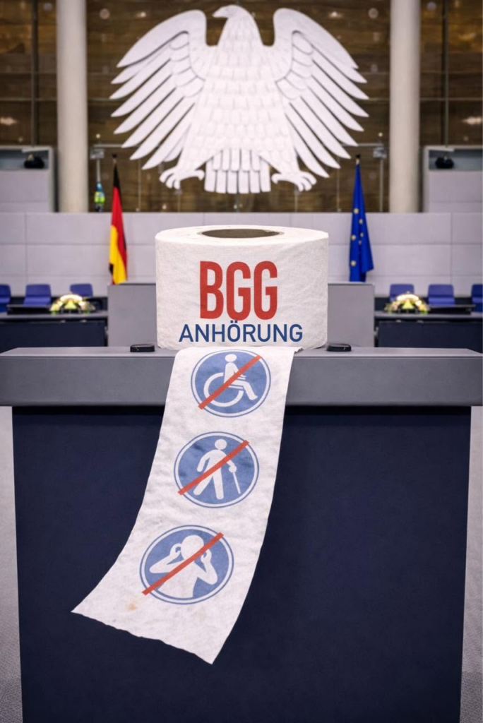 Eine Klopapierrolle steht auf dem Rednerpult des Bundestages darauf steht BGG Anhörung und Symbole für Rollstuhl Blind und Gehörlos alle durchgestrichen